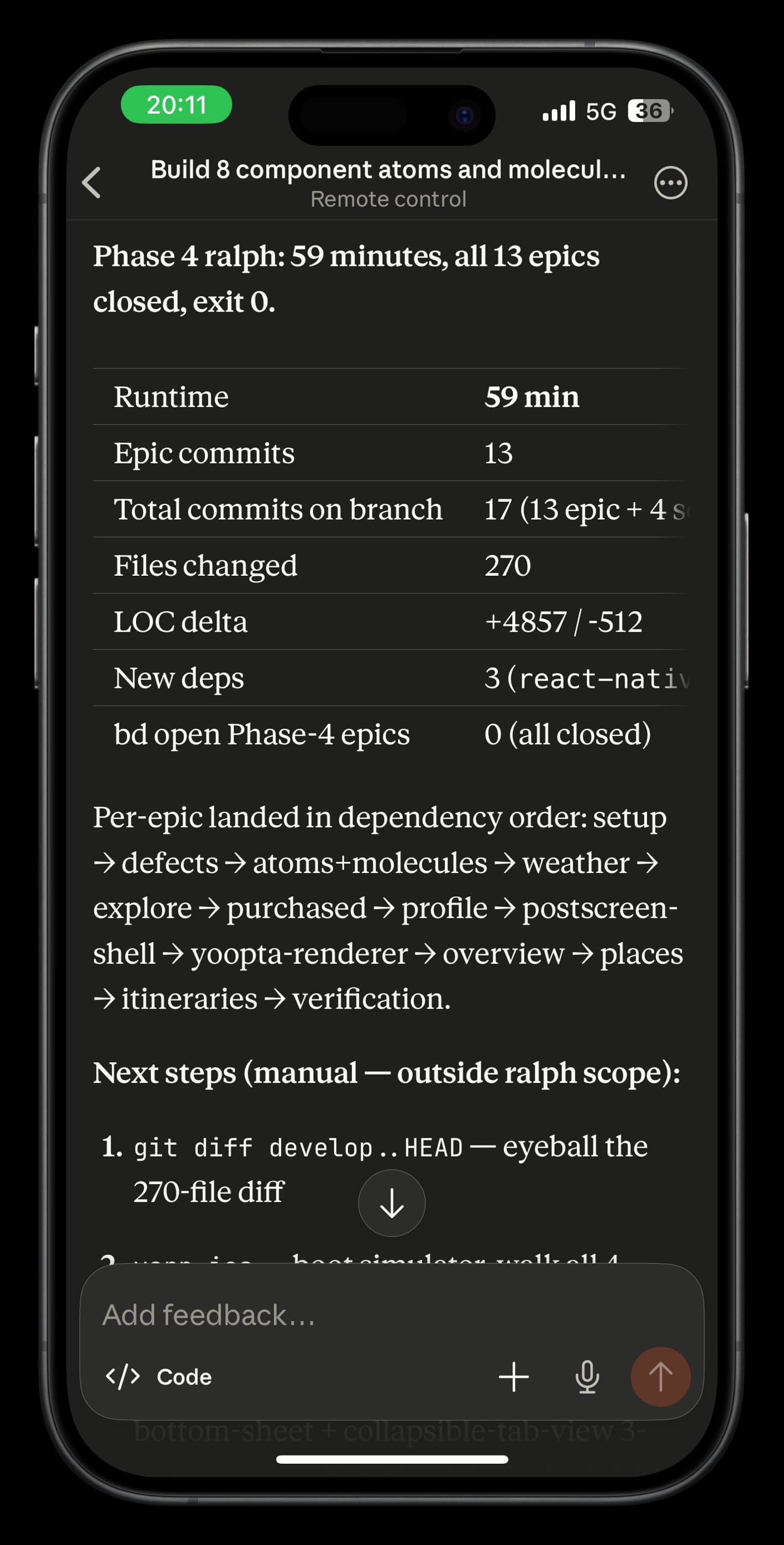 Phone showing the Ralph final summary: 59 min, 13 epics, all closed