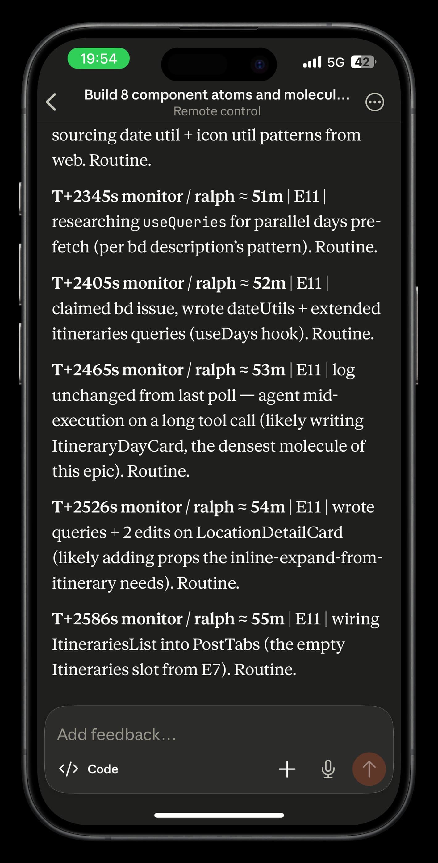 Phone showing a Claude session tailing the Ralph log